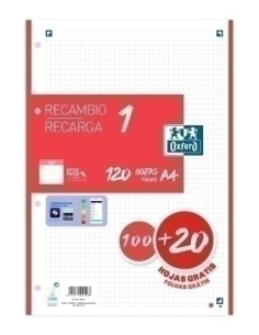 RECAMBIO OXFORD SCHOOL COLOR 1 A4 100h  90gr 4 TALADROS CUADRIC5x5 ROJO 1 color en banda