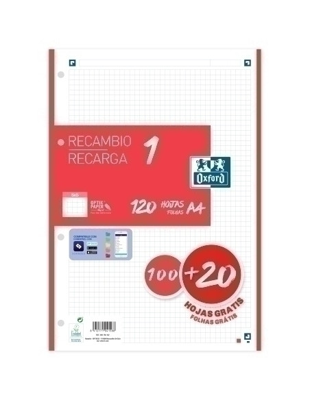 RECAMBIO OXFORD SCHOOL COLOR 1 A4 100h  90gr 4 TALADROS CUADRIC5x5 ROJO 1 color en banda