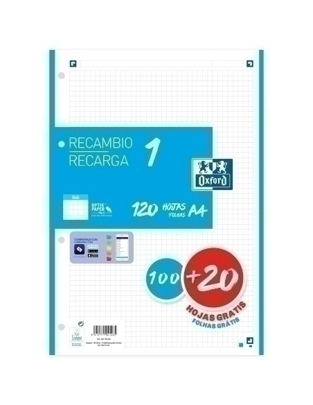 RECAMBIO OXFORD SCHOOL COLOR 1 A4 100h 90gr 4 TALADROS CUADRIC5x5 TURQUESA 1 color en banda