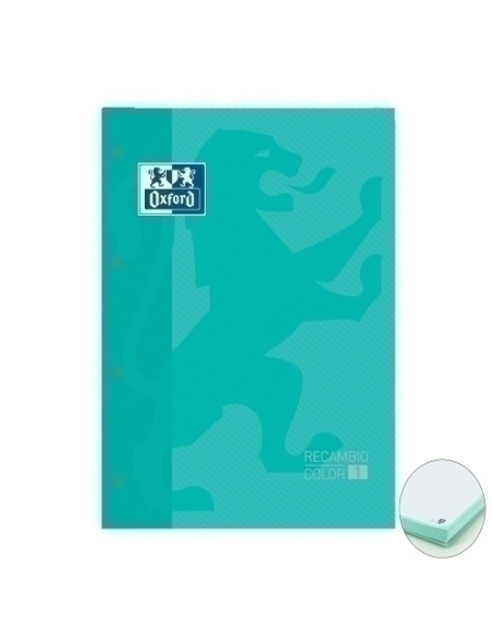 RECAMBIO OXFORD SCHOOL COLOR 1 ENCOLADO A4 80h 90gr 4 TALADROS CUADRIC5x5 VERDE MENTA 1 color de recuadro