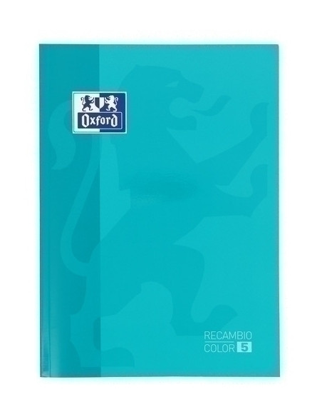 RECAMBIO OXFORD SCHOOL COLOR 5 ENCOLADO A4 80h 90gr 4 TALADROS CUADRIC5x5 AQUA 5 colores en recuadro