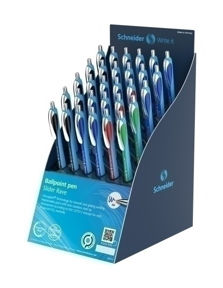 BOLIGRAFO SCHNEIDER SLIDER RAVE XB EXPOSITOR DE 30 15x azul 10x negro 3x rojo 2x verde