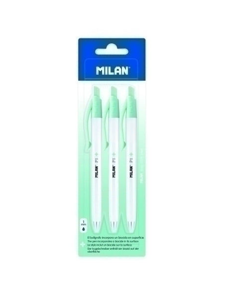 BOLIGRAFO MILAN RETRACTIL P1 ANTIBACTERIANO TINTA AZUL BLISTER de 3