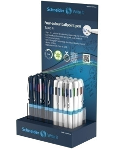 BOLIGRAFO de  4 COLORES SCHNEIDER TAKE 4 SURTIDO EXPOSITOR de 36 18x blanco  18x azul