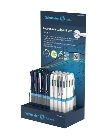 BOLIGRAFO de  4 COLORES SCHNEIDER TAKE 4 SURTIDO EXPOSITOR de 36 18x blanco  18x azul