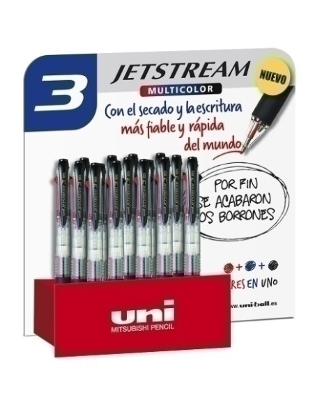 BOLIGRAFO de 3 COLORES UNI-BALL JETSTREAM 3 10 SXE-400 TRANSPARENTE EXPOSITOR de 15