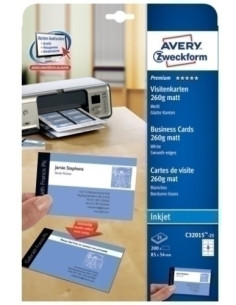 TARJETAS de VISITA AVERY para IMPRESORA INKJET QUICK&CLEAN 260g MATE 85x54mm CAJA 25h 200 udsC32015-25