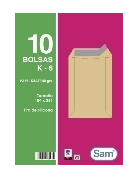 SOBRE-BOLSA SAM 184x261 KRAFT 80g SILICONA PAQUETE DE 10