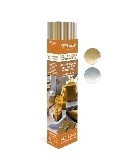 PAPEL de EMBALAR KRAFT ROLLO SADIPAL OROPLATA 1x3 m 60gr EXPOSITOR de 25 ROLLOS 15XORO Y 10XPLATA