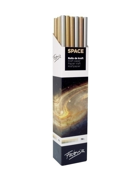 PAPEL de EMBALAR KRAFT ROLLO FABRISA 1x3 ORO Y PLATA EXPOSITOR DE 30