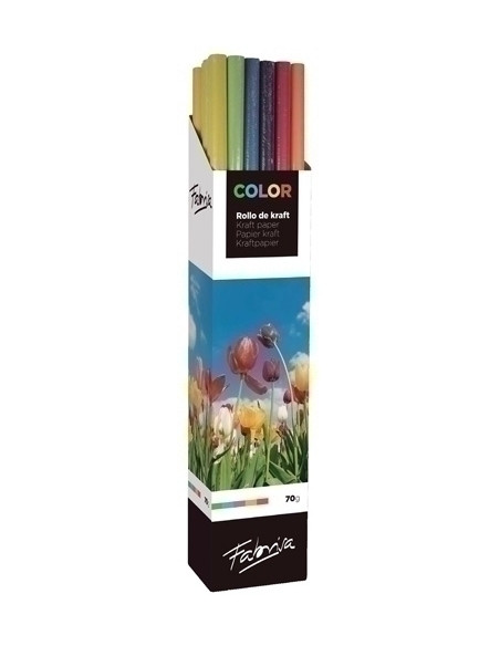 PAPEL de EMBALAR KRAFT ROLLO FABRISA 1x5 SURTIDO COLORES EXPOSITOR DE 20