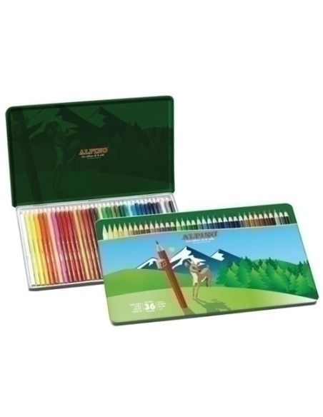 LAPICES de COLORES ALPINO  LARGOS estuche de METAL de 36