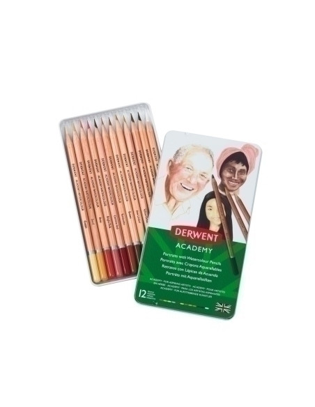 LAPICES DERWENT ACADEMY CAJA METALICA de 12 PIEZAS ACUARELABLES COLORES PIEL