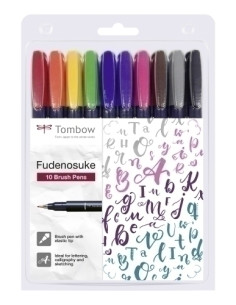 ROTULADOR TOMBOW CALIGRAFIA FUDENOSUKE PUNTA DURA ESTUCHE DE 10 negro amarillo verde azul violeta rosa rojo naranja marron y gri