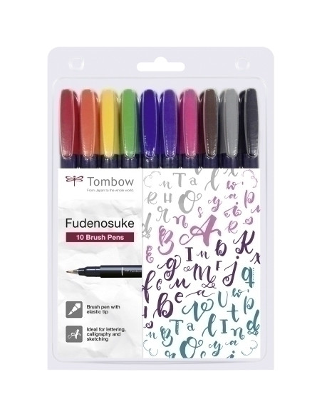 ROTULADOR TOMBOW CALIGRAFIA FUDENOSUKE PUNTA DURA ESTUCHE DE 10 negro amarillo verde azul violeta rosa rojo naranja marron y gri