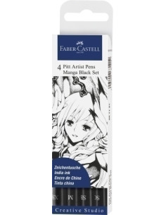 ROTULADOR FIBRA FABER-CASTELL PITT MANGA ESTUCHE DE 4 TONOS NEGROS XS M SB y SC