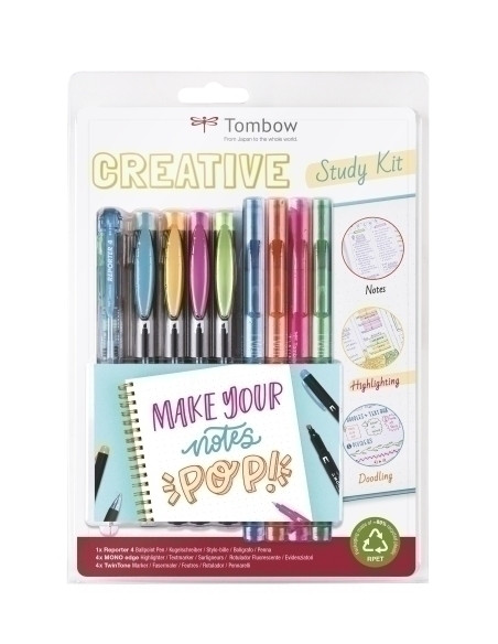SET LETTERING TOMBOW KIT ESTUDIO CREATIVO 4x ROTULADOR FLUOR 4x ROTULADOR DOBLE PUNTA 1x BOLIGRAFO 4 COLORES