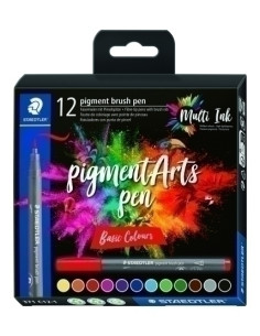 ROTULADOR FIBRA STAEDTLER PIGMENT ARTS PEN PUNTA PINCEL COLORES BASICOS ESTUCHE de 12