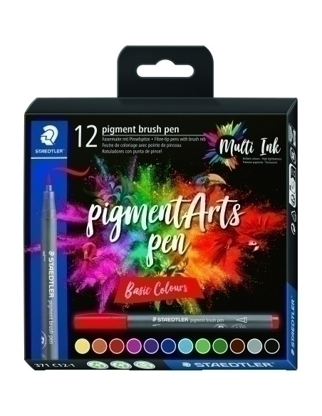 ROTULADOR FIBRA STAEDTLER PIGMENT ARTS PEN PUNTA PINCEL COLORES BASICOS ESTUCHE de 12
