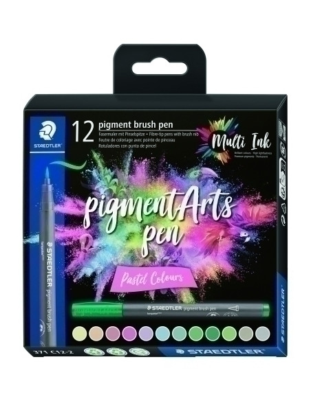 ROTULADOR FIBRA STAEDTLER PIGMENT ARTS PEN PUNTA PINCEL COLORES PASTEL ESTUCHE de 12