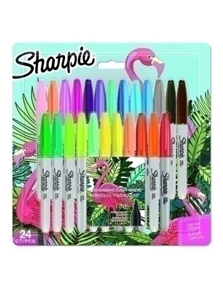 ROTULADOR PERMANENTE SHARPIE FINE&ULTRA FINE BIG PACK FLAMINGO CAJA REGALO DE 24 19x COLORES ORIGINALES  5x COLORES EXPLOSIVOS