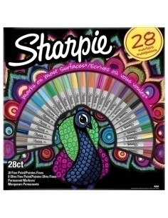 ROTULADOR PERMANENTE SHARPIE FINE&ULTRA FINE BIG PACK PAVO REAL CAJA REGALO DE 28 20x FINE SURTIDO  8x ULTRA FINE SURTIDO