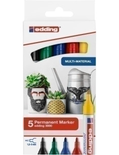 MARCADOR PERMANENTE EDDING 3000 CONICO COLORES BASICOS estuche de 5 negro rojo azul verde amarillo