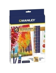 PINTURA ACRILICA MANLEY SET DE 16 12x pintura acrilica 12ml 2x pinceles 1x paleta 1x bloc dibujo