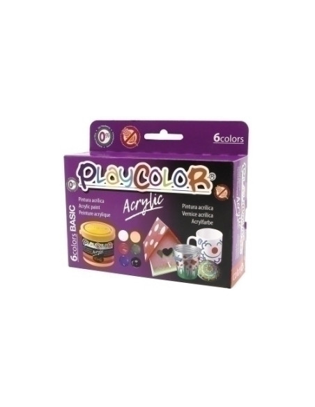 PINTURA ACRILICA PLAYCOLOR BASIC SURTIDO CAJA de 6 colores 40 ml  PINCEL Blanco  Amarillo  Rojo  Verde  Azul  Negro