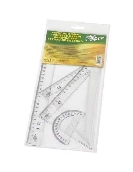 EQUIPO de DIBUJO FAIBO PACK de 4 Regla de 30 cm Escuadra 45 de 25 cm Cartabon 60 de 25 cm Semicirculo de 9 cm