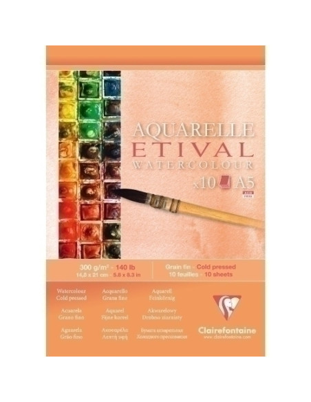 BLOC DE DIBUJO CLAIREFONTAINE ETIVAL ACUARELA ENCOLADO BLANCO GRANO FINO A5 300g 10h
