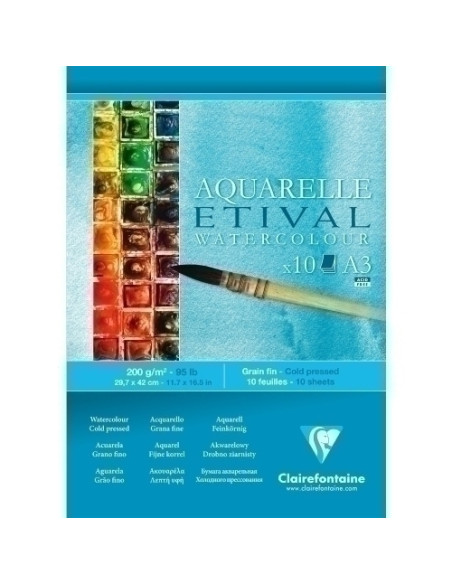 BLOC DE DIBUJO CLAIREFONTAINE ETIVAL ACUARELA ENCOLADO GRANO FINO A3 200g 10h