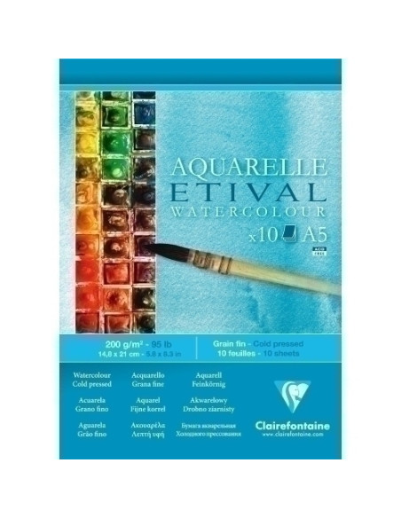 BLOC DE DIBUJO CLAIREFONTAINE ETIVAL ACUARELA ENCOLADO GRANO FINO A5 200g 10h