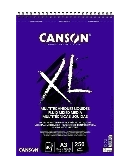 BLOC DE DIBUJO CANSON XL FLUID MIX MEDIA CON ESPIRAL LISO A3 250g 30h