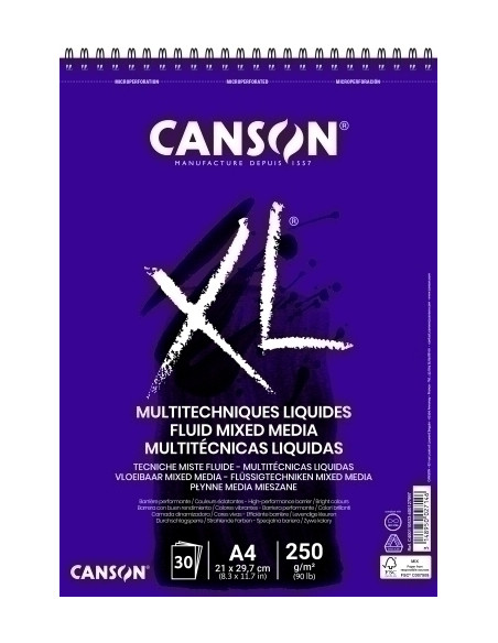 BLOC DE DIBUJO CANSON XL FLUID MIX MEDIA CON ESPIRAL LISO A4 250g 30h