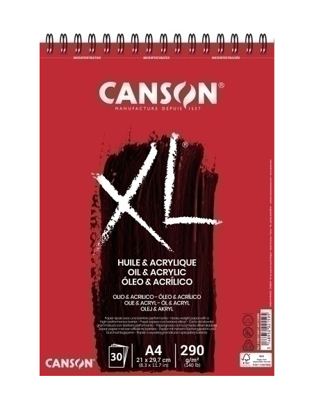 BLOC DE DIBUJO CANSON XL OLEO Y ACRILICO CON ESPIRAL NO ENTELADO A4 290g 30h
