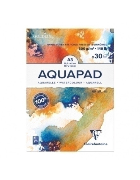 BLOC DE DIBUJO CLAIREFONTAINE AQUAPAD ENCOLADO BLANCO GRANO MEDIO-FINO  TECNICAS HUMEDAS A3 300g 30h