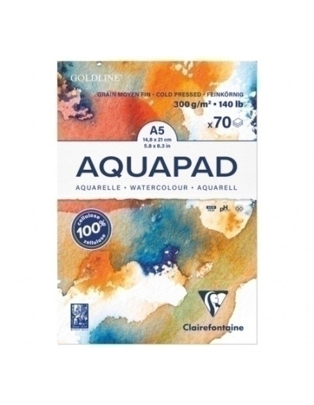 BLOC DE DIBUJO CLAIREFONTAINE AQUAPAD ENCOLADO BLANCO GRANO MEDIO-FINO TECNICAS HUMEDAS A5 300g 70h