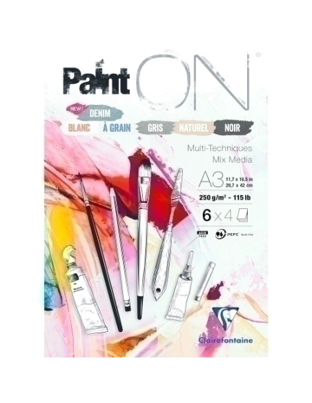 BLOC DE DIBUJO CLAIREFONTAINE PAINT ON MULTITECNICAS ENCOLADO A3 250g 24h COLORES 6 col x 4 hojas