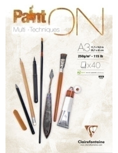 BLOC DE DIBUJO CLAIREFONTAINE PAINT ON MULTITECNICAS ENCOLADO A3 250g 40h