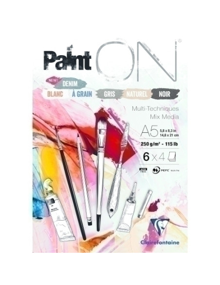 BLOC DE DIBUJO CLAIREFONTAINE PAINT ON MULTITECNICAS ENCOLADO A5 250g 24h COLORES 6 col x 4 hojas