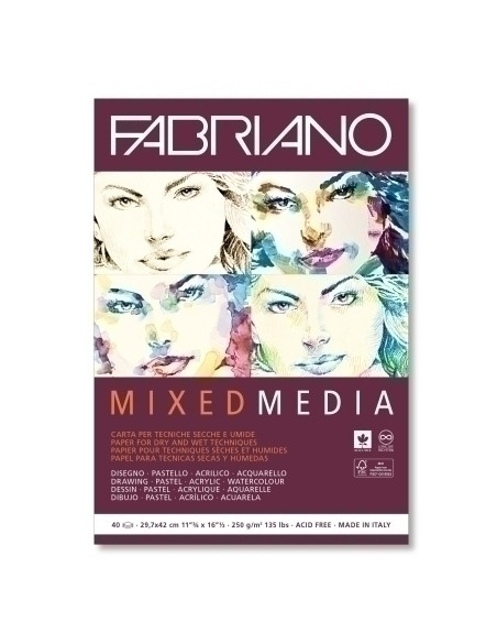 BLOC DE DIBUJO FABRIANO MIXED MEDIA ENCOLADO LISO TECNICAS MIXTAS SECAS Y HUMEDAS A3 250g 40h