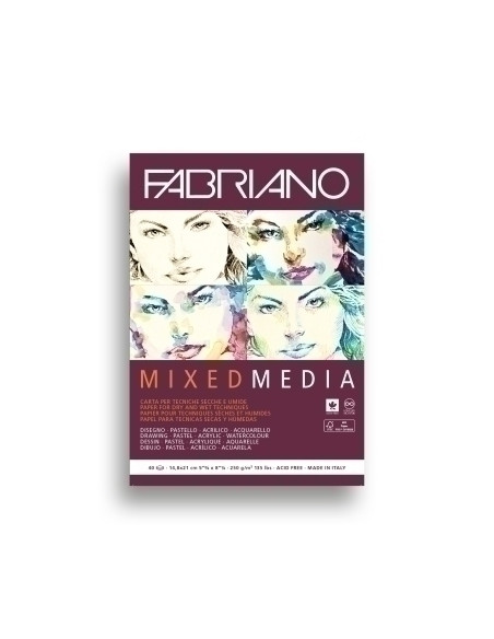 BLOC DE DIBUJO FABRIANO MIXED MEDIA ENCOLADO LISO TECNICAS MIXTAS SECAS Y HUMEDAS A5 250g 40h