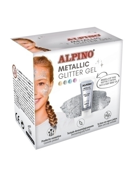 MAQUILLAJE ALPINO GLITTER GEL METALICO PLATA ESTUCHE DE 6