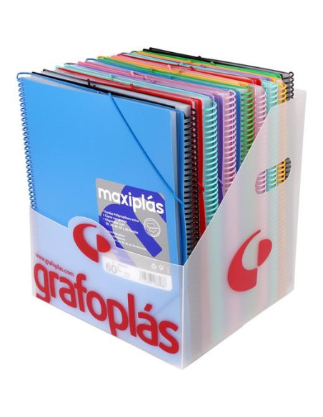 GRAFOPLÁS CARPETA CON FUNDAS MAXIPLÁS SURTIDAS ESPIRAL A4 CSOBRE PP RÍGIDO OPACO CSURTIDOS EXPOSITOR 16 UD