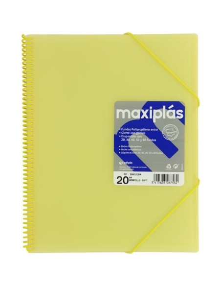 GRAFOPLÁS CARPETA CON FUNDAS MAXIPLÁS ESPIRAL A4 20 FUNDAS CSOBRE PP RÍGIDO TRANSLÚCIDO AMARILLO SOFT