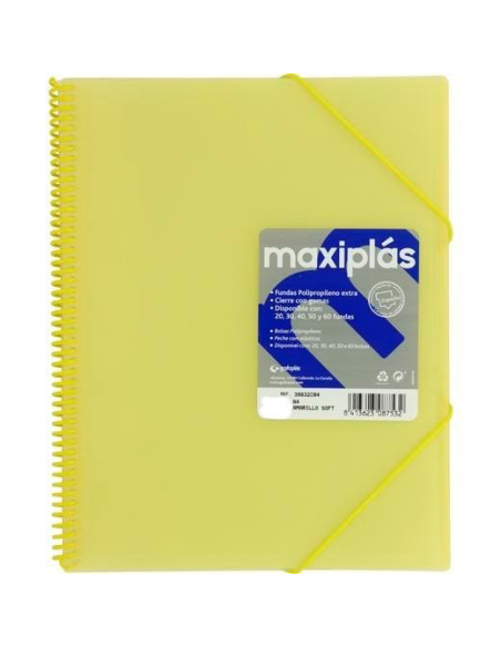 GRAFOPLÁS CARPETA CON FUNDAS MAXIPLÁS ESPIRAL A4 30 FUNDAS CSOBRE PP RÍGIDO TRANSLÚCIDO AMARILLO SOFT