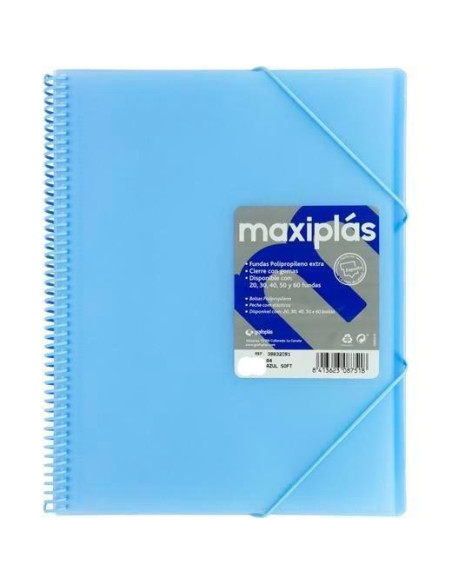 GRAFOPLÁS CARPETA CON FUNDAS MAXIPLÁS ESPIRAL A4 40 FUNDAS CSOBRE PP RÍGIDO TRANSLÚCIDO AZUL SOFT