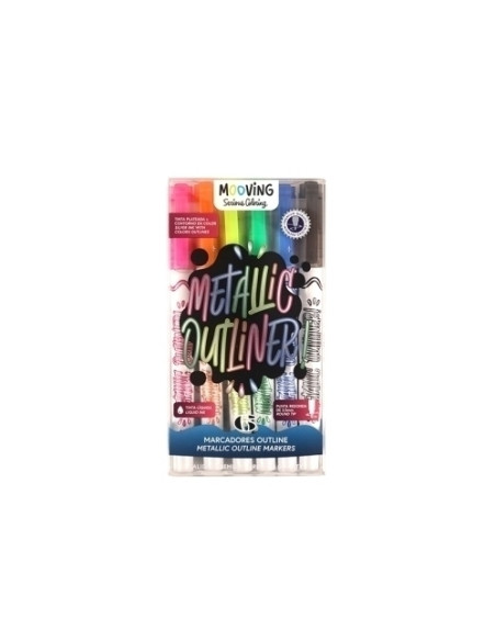 ROTULADOR FIBRA MOOVING COLORES METALICOS OUTLINER DOBLE LINEA ESTUCHE de 6