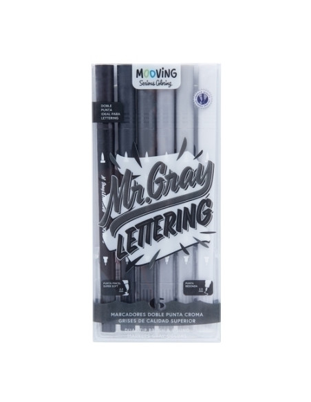 ROTULADOR FIBRA MOOVING DOBLE PUNTA PINCEL CROMA GRISES ESTUCHE de 6